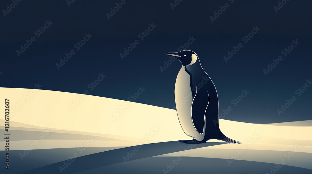 Obraz premium Solitary penguin on snowy landscape at dusk.