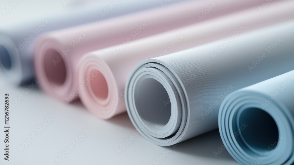Fototapeta premium Four rolls of fabric in different colors - pink, light blue, and light pink.