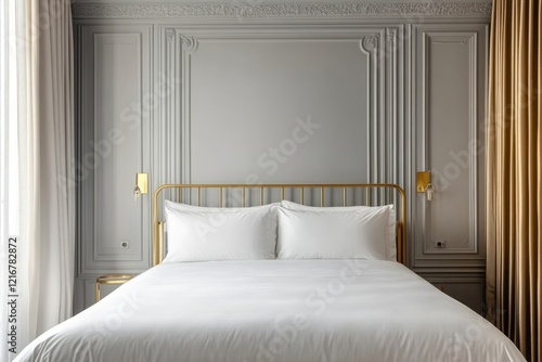 Wallpaper Mural Elegant bedroom with gold bed frame and grey wall paneling Torontodigital.ca