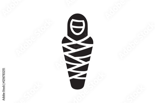 simple and subtle vector silhouette of mummy in black and white, set against a white background. 
