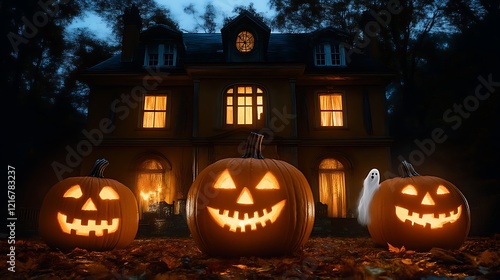 Three jack-o'-lanterns glowing in front of a haunted house at night. photo