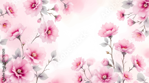 A white background with pink flowers in the foreground