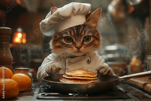 Cute cat in white chef attire flipping pancakes in a cozy kitchen setting
