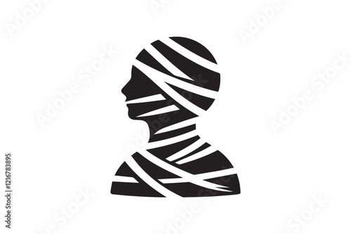 simple and subtle vector silhouette of mummy in black and white, set against a white background. 
