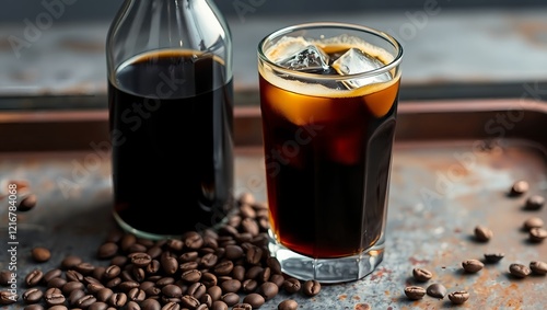 Iced coffee drink, beans, bottle, rustic tray, beverage photo