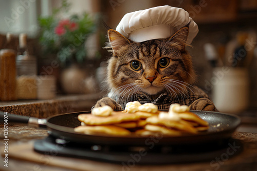 Fluffy cat wearing a chef’s hat making pancakes on a pan in a warm and rustic kitchen photo