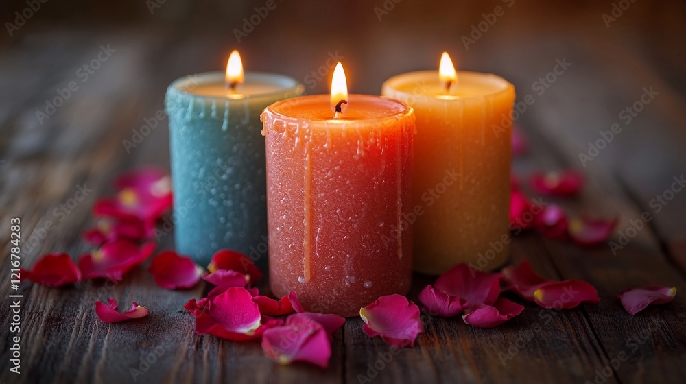 Three Candles and Rose Petals on a Wooden Table. Three Candles and Rose Petals on a Wooden Table.