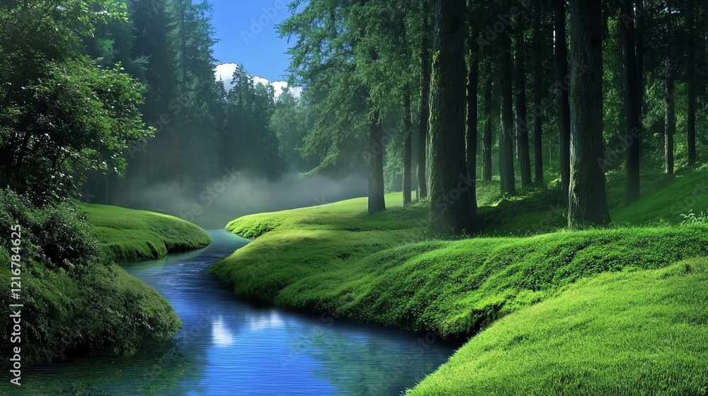 Fototapeta premium A serene landscape featuring a winding river surrounded by lush green grass and tall trees under a clear blue sky.
