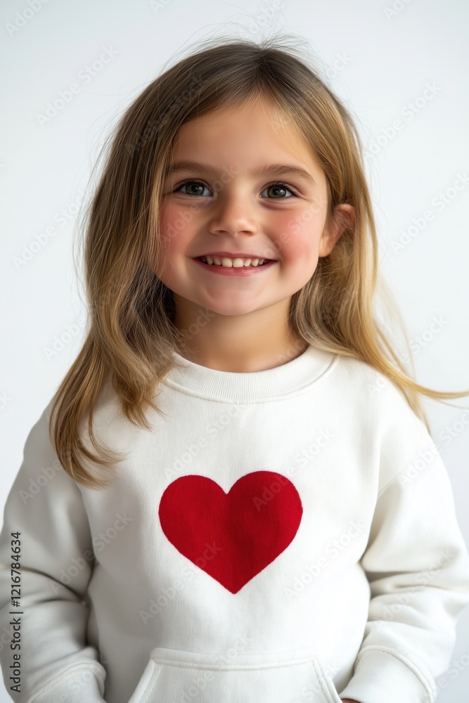 Smiling girl wearing a white sweatshirt with a red heart design Smiling girl wearing a white sweatshirt with a red heart design