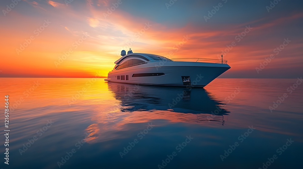 A Serene Sunset with a Sleek White and Silver Luxury Yacht Gliding on Calm Waters, Perfect for Relaxation A Serene Sunset with a Sleek White and Silver Luxury Yacht Gliding on Calm Waters, Perfect for Relaxation