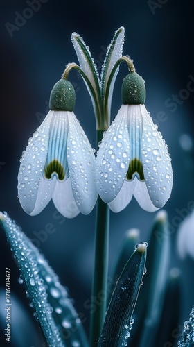Delicate snowdrop flowers adorned with raindrops in a serene setting
