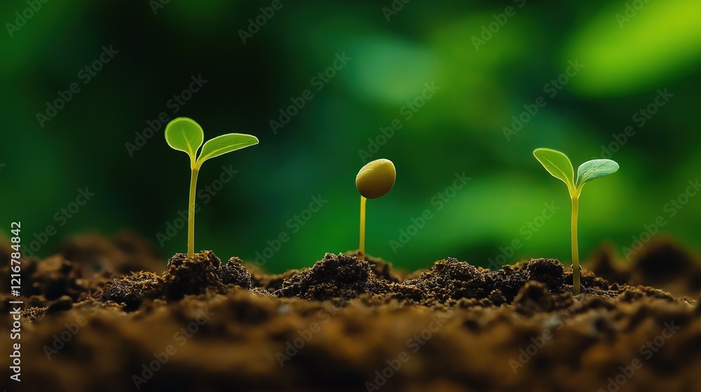 Fototapeta premium Small seedlings sprouting from the soil, closeup