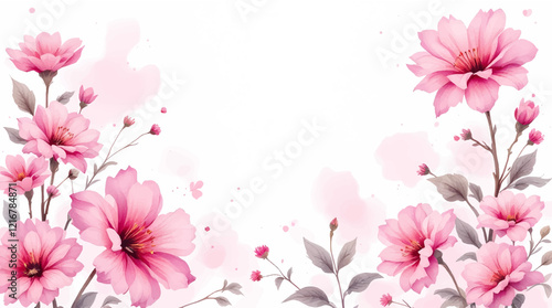 A white background with pink flowers in the foreground