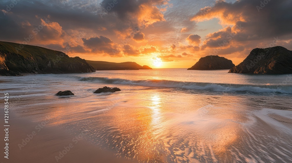 Fiery sunset over a tranquil beach with golden hues reflected in the calm ocean waves Fiery sunset over a tranquil beach with golden hues reflected in the calm ocean waves