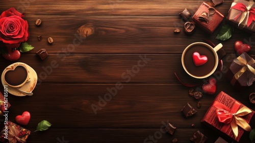 Wallpaper Mural A Celebration of Love: A Festive Tabletop Display Featuring a Steaming Cup of Coffee, Lush Red Roses, and Exquisite Chocolate Gifts, Creating a Warm and Inviting Atmosphere Perfect for Celebrating Lov Torontodigital.ca