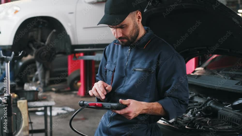 Digital tablet in hands. Mechanic working in a car service station. Digital tablet in hands. Mechanic working in a car service station.