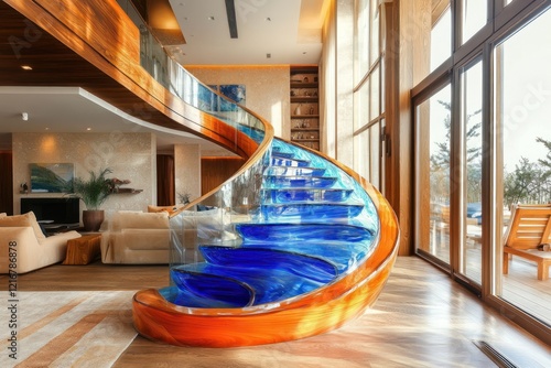 Modern luxury home interior with stunning blue and orange glass spiral staircase. photo