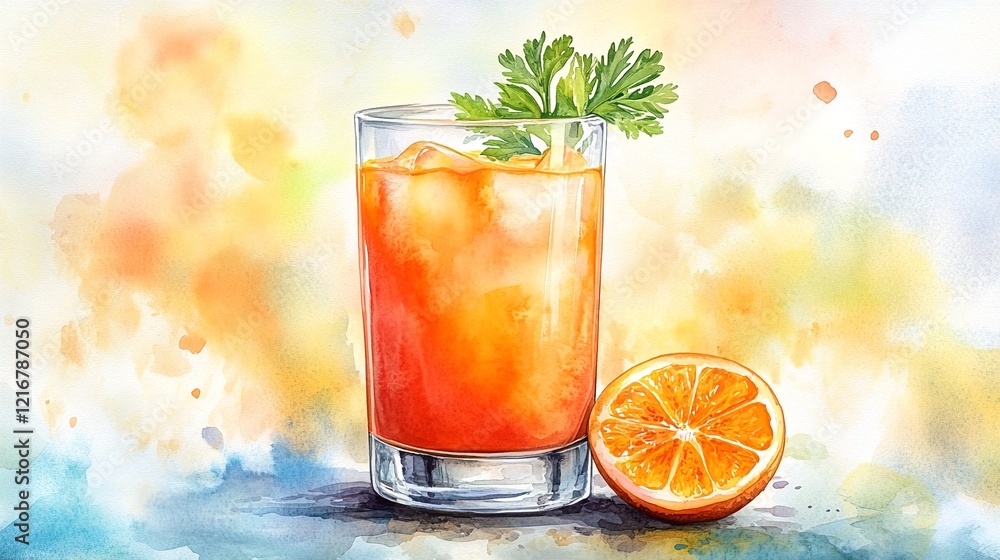 Fototapeta premium A glass of orange juice with a sprig of parsley sitting next to it.