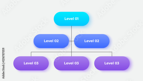 Vertical business hierarchy chart infographics. Corporate organizational structure graphic elements with 3 levels. The top-level connects to five subordinate nodes