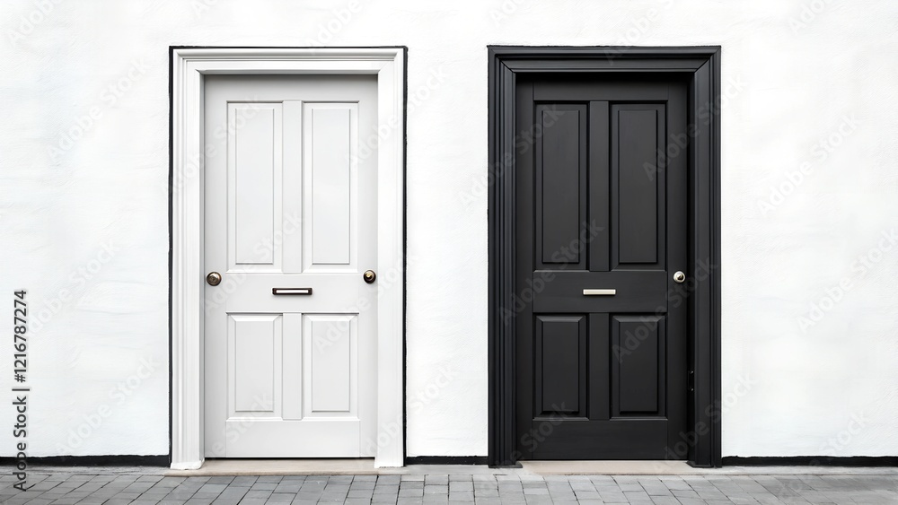 A pair of contrasting black and white doors on a clean white wall, symbolizing choices, duality, and minimalism. Ideal for abstract and decision-themed projects. A pair of contrasting black and white doors on a clean white wall, symbolizing choices, duality, and minimalism. Ideal for abstract and decision-themed projects.