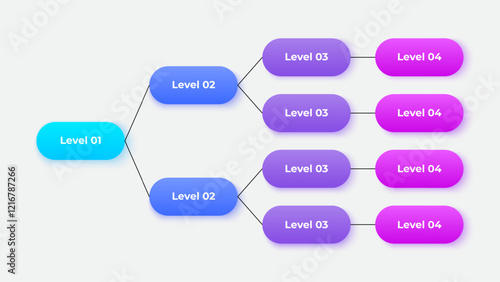 Horizontal business hierarchy chart infographics. Corporate organizational structure graphic elements with 4 levels. The top-level connects to 11 subordinate nodes
