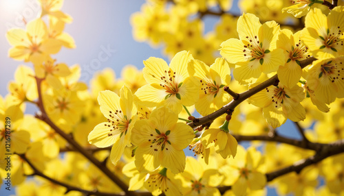 Yellow cherry blossoms on a tree branch, spring atmosphere and pollen triggers