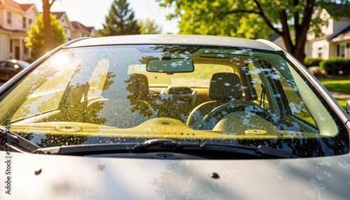 Spring allergies with pollen triggers– car windshield covered with pollen in sunlight, signs of allergy season. photo