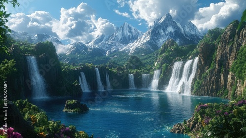 High-resolution lake view with cascading waterfalls and snow-capped mountain peaks
