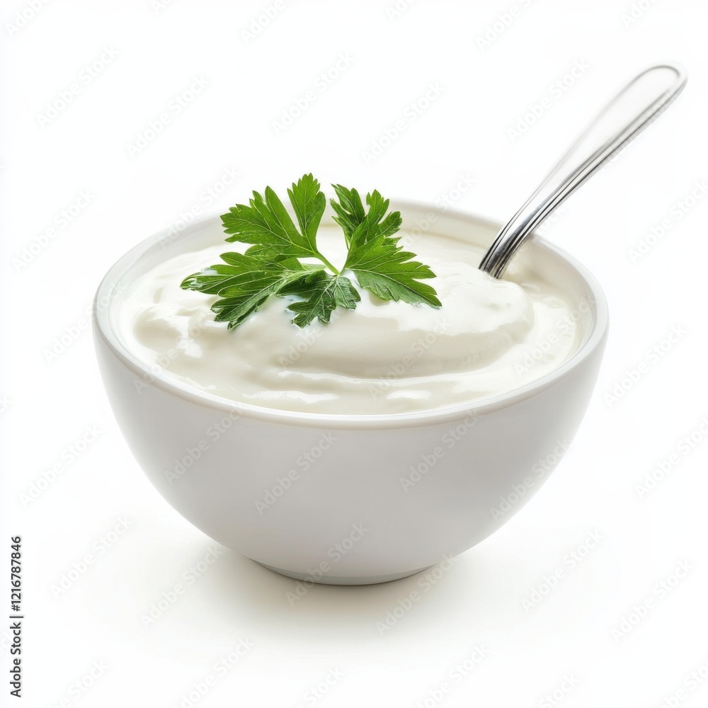 Creamy sour cream garnished with fresh parsley served in a clean bowl with a spoon ready for a delightful dip experience Creamy sour cream garnished with fresh parsley served in a clean bowl with a spoon ready for a delightful dip experience