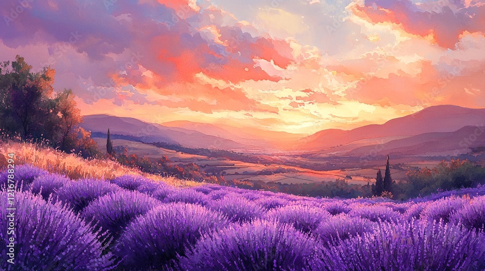 Lavender Fields and Sunset Over Rolling Hills. Lavender Fields and Sunset Over Rolling Hills.