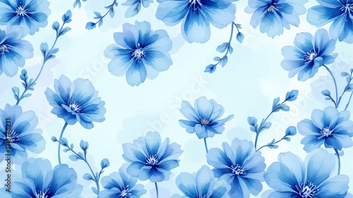 Seamless pattern with blue flowers painted in watercolor style on a white background, elegant floral design