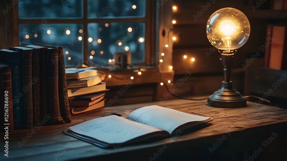 Cozy reading nook with open book, books, lamp, and fairy lights by window. Cozy reading nook with open book, books, lamp, and fairy lights by window.