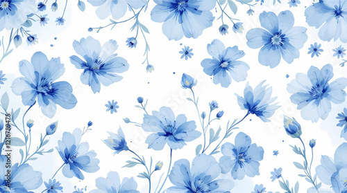 Seamless pattern with blue flowers painted in watercolor style on a white background, elegant floral design