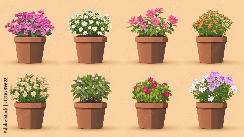 Fototapeta premium Eight potted flowering plants in terracotta pots, diverse blooms and foliage