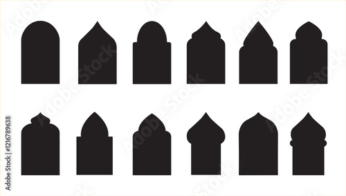 Collection in oriental style. Islamic vector shapes of window and door arches. Set of Arabic frames. Ramadan Kareem silhouette icon. Islamic oriental pattern