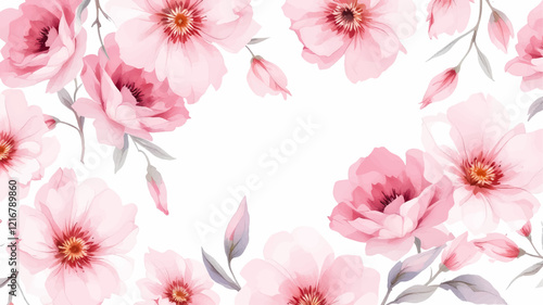 Watercolor floral frame with pink flowers and green leaves on white background.