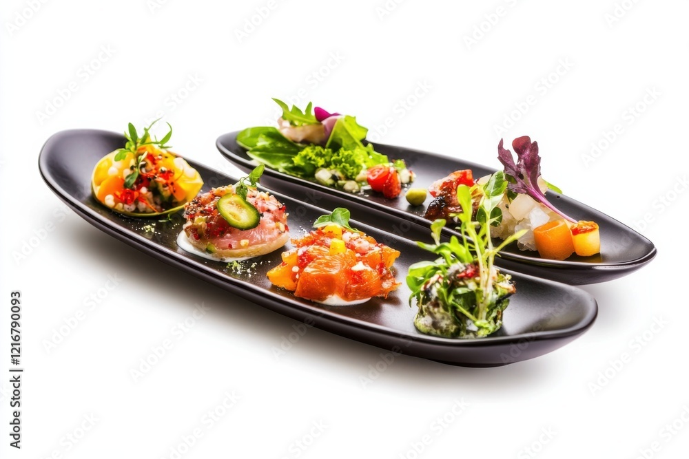 Delicious starters platter showcasing gourmet dishes artfully arranged on elegant black plates Delicious starters platter showcasing gourmet dishes artfully arranged on elegant black plates