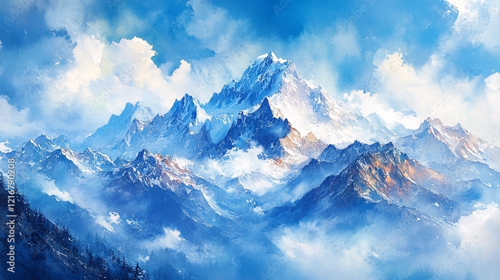 Obraz premium A serene and majestic mountain landscape with snow-capped peaks rising above the clouds.