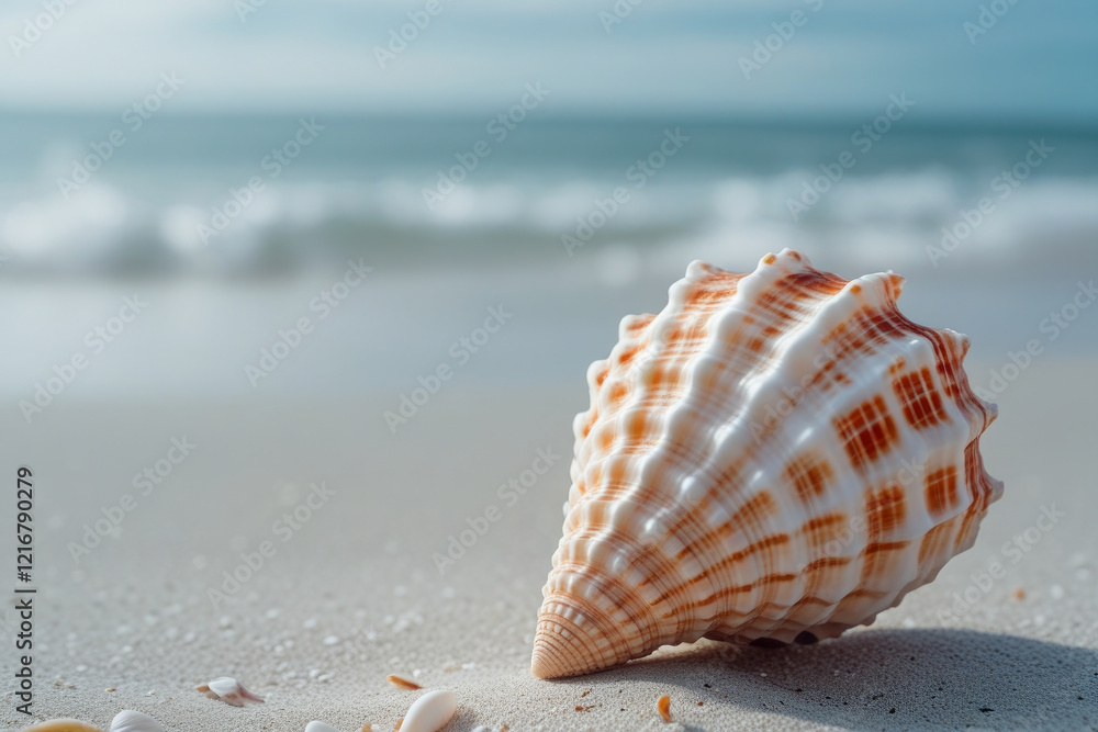 Colorful shell resting on sandy beach at sunset, capturing the beauty of nature. AI generated Colorful shell resting on sandy beach at sunset, capturing the beauty of nature. AI generated