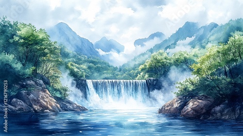 Waterfall In A Forest With Trees And Rocks.