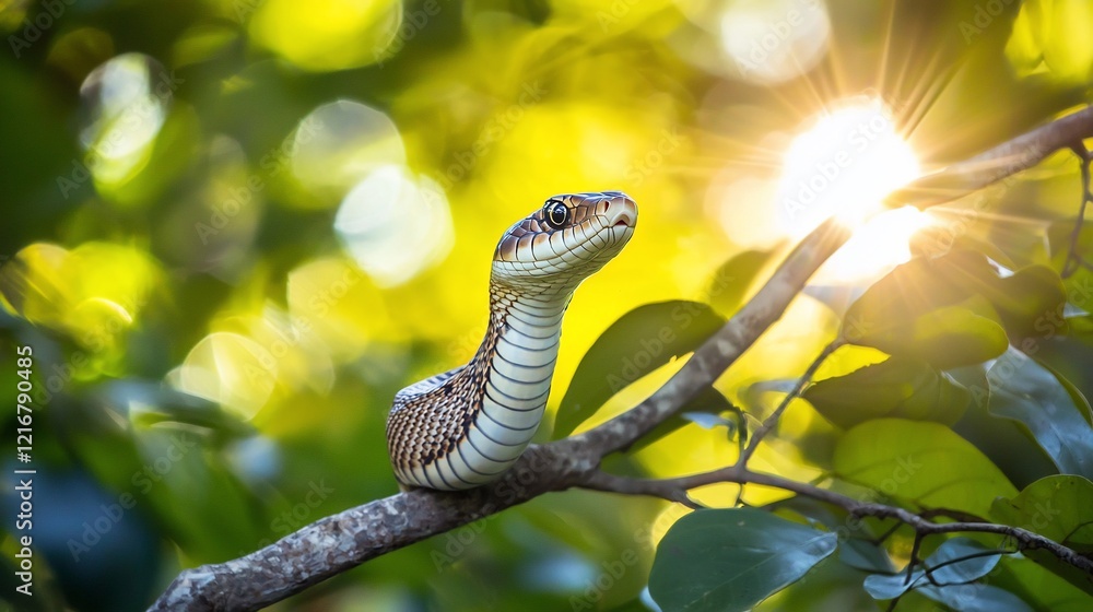 Fototapeta premium Snake basking on branch, sunlight bokeh.