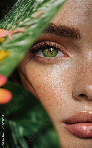 A close-up of the face of a beautiful woman with green eyes and straight brown hair