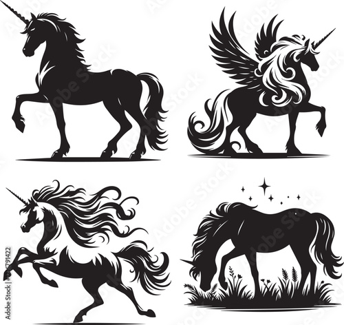 unicorn black and white silhouette isolated on white background,Monoceros, Alicorn, horned horse, mythical steed, enchanted horse, mystic unicorn, magical equine, fairy-tale unicorn, legendary unicorn