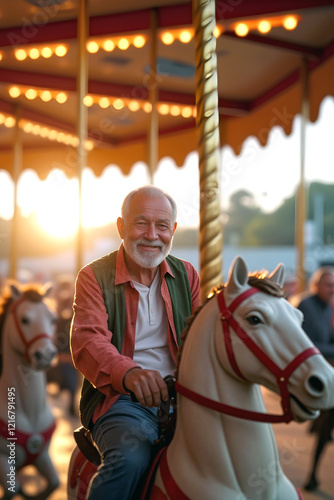 An elderly man rides a carousel horse, smiling brightly as the sun sets behind him at a lively fairground filled with visitors -Happy retirement concept - Generative AI photo