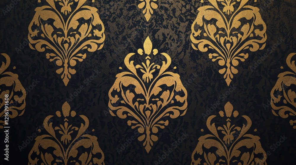 Seamless damask wallpaper design with bold black and gold patterns, creating a dramatic and elegant look Seamless damask wallpaper design with bold black and gold patterns, creating a dramatic and elegant look