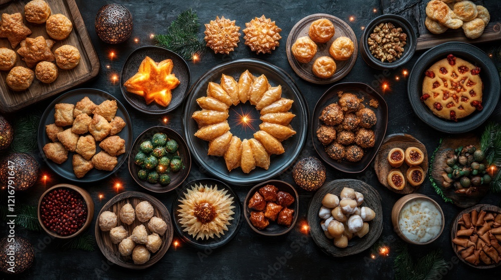 Festive Holiday Sweets Tabletop Dark Background Festive Holiday Sweets Tabletop Dark Background