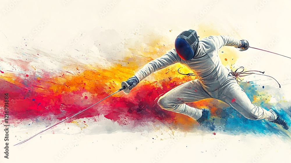 Naklejka premium A fencer in action, dressed in white fencing attire and protective gear, expertly handling a foil weapon with precision and skill.