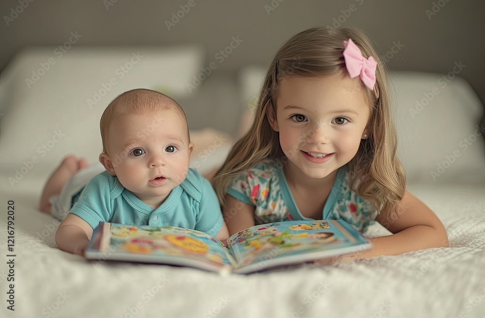 A little girl wearing colorful is lying on the bed, reading to her baby brother with an open book in front of them A little girl wearing colorful is lying on the bed, reading to her baby brother with an open book in front of them