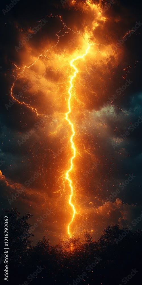 Fototapeta premium Fiery Lightning Bolt Illuminating the Night Sky