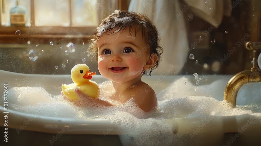 Smiling baby in a bubble bath, holding a toy duck, in a cozy and elegant bathroom setting Smiling baby in a bubble bath, holding a toy duck, in a cozy and elegant bathroom setting